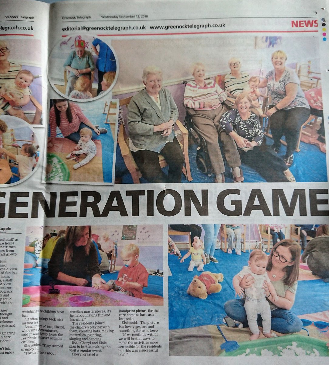 ARTventurersINV's tweet photo. Did you spot us in the @greenocktele today?! Great pics and write up from our 'Intergenerational ARTventurers' session at @Larkfieldview last week! We'll be back again next week😁
Thanks @georgemunro_cam and @dlappin_20
#inverclyde #larkfield #intergenerational #artventurers https://t.co/Mrjb469jLY
