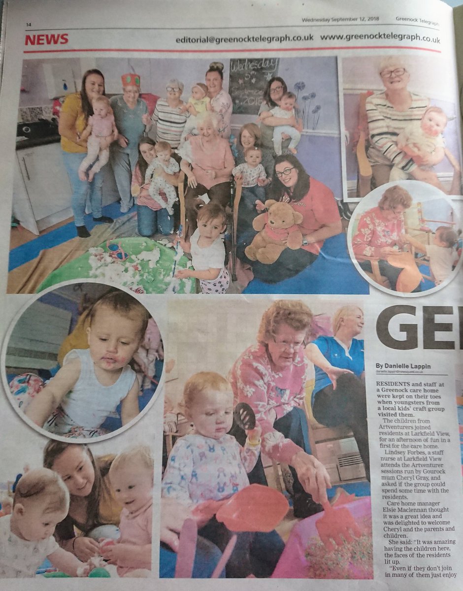 ARTventurersINV's tweet photo. Did you spot us in the @greenocktele today?! Great pics and write up from our 'Intergenerational ARTventurers' session at @Larkfieldview last week! We'll be back again next week😁
Thanks @georgemunro_cam and @dlappin_20
#inverclyde #larkfield #intergenerational #artventurers https://t.co/Mrjb469jLY