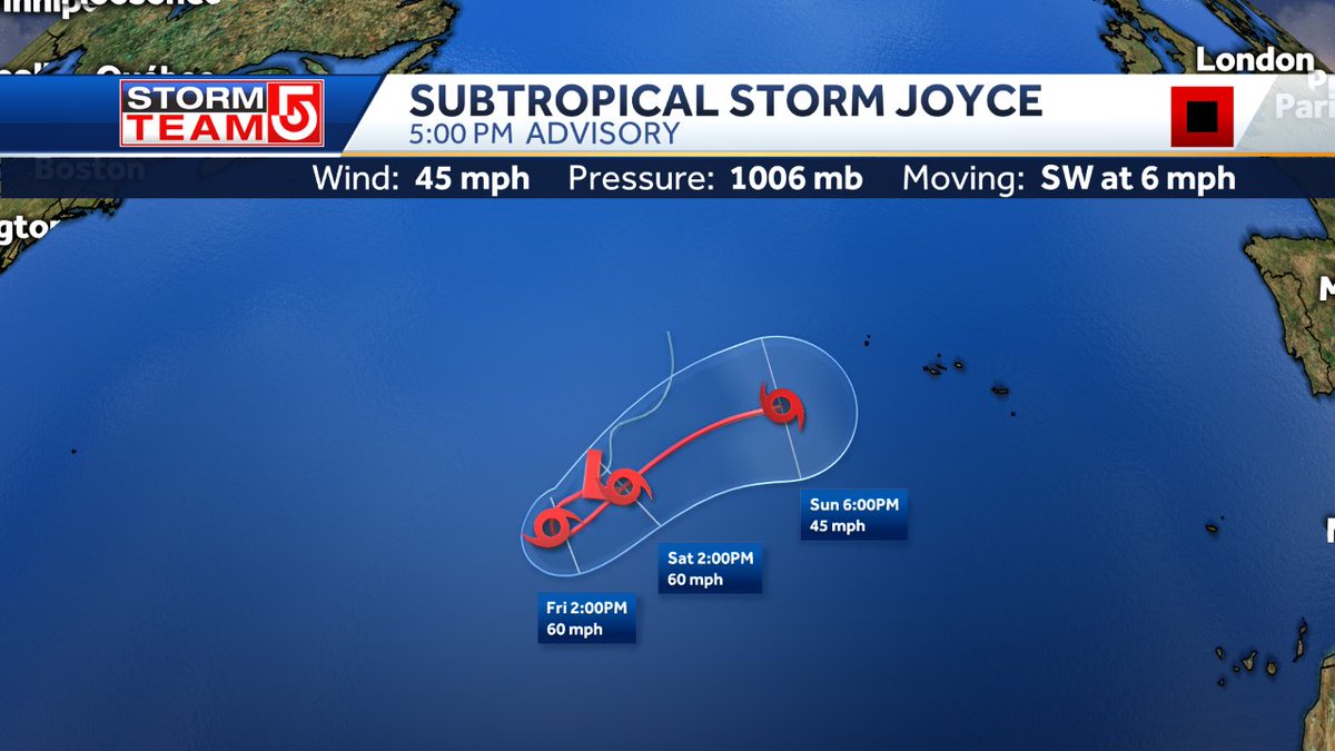 kellyannwx's tweet photo. We now have newly formed Subtropical Storm Joyce sitting in the north Atlantic. #wcvb https://t.co/nPDQaR1tuF