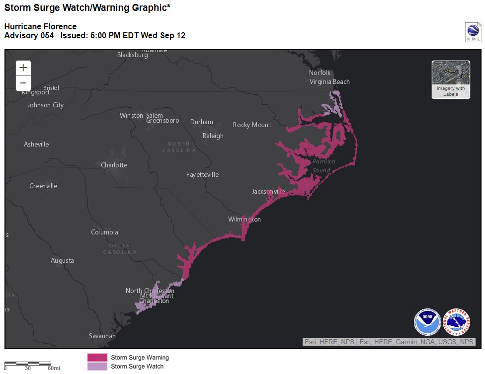 NHC_Atlantic's tweet photo. Hurricane and storm surge warnings for #Florence remain in effect from South Santee River, South Carolina, to Duck, North Carolina, including Pamlico and Albemarle Sounds. Tropical storm force winds are likely to start along the NC coast Thursday morning. https://t.co/mQ5e78uj7a? https://t.co/8m3iGPC2q5