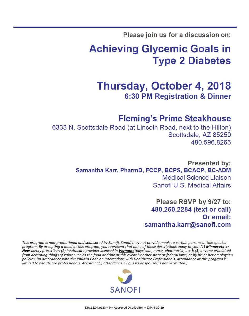 ArizonaAADE's tweet image. *FREE Educational Dinner Program* for the Arizona AADE Chapter on October 4th. Please see the flyer below for details. Spots are limited, so please RSVP to Samantha Karr at 480-250-2284 (text or call), or by email to samantha.karr@sanofi.com ASAP if you would like to attend.