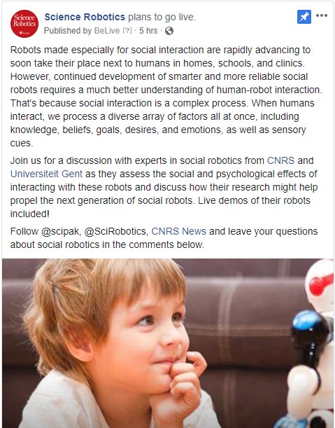 SciRobotics's tweet photo. Don't miss our #FacebookLive tomorrow 9/13 at 10:30 AM ET, when we'll chat with both social #robotics experts (100% humans) and non-humans alike: https://t.co/DGJ1UMivrh https://t.co/yBxzPEdYat