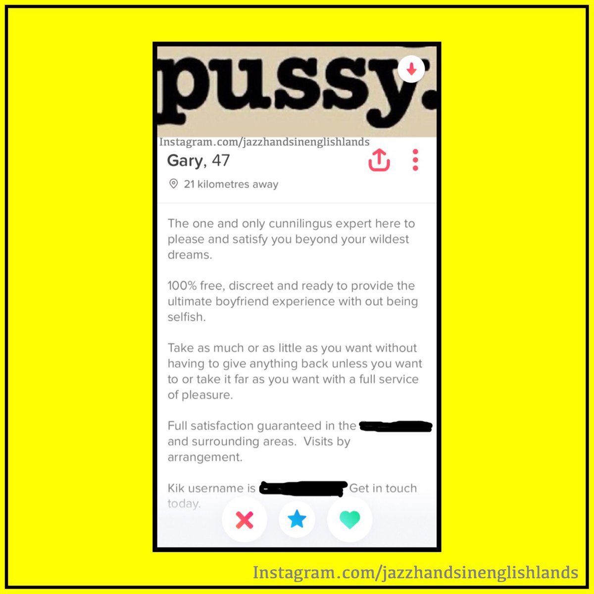 jazzhandsjokes's tweet photo. There are some strange people out there π
#AdultFun #DatingProfile #Dating #FunnyTinderProfiles #OnlineDating #SingleLife #SwipeLeft #SwipeRight #Tinder #TinderPhoto #AsSeenOnTinder #TinderProfile #AdultHumor #AdultHumour #AdultJoke #NoOffenceMeant #Over18Only #WTAF https://t.co/p7bk57vq5g