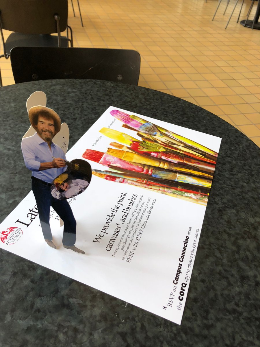 HuntUnion's tweet photo. Late Night Paint- Friday @9pm Hunt Union #oneyevents #WeLoveBobRoss @SUNY_Oneonta @OneontaSA @OneontaNSS @StarbucksSUNYO1 #BobRoss https://t.co/dmyJem2kQe