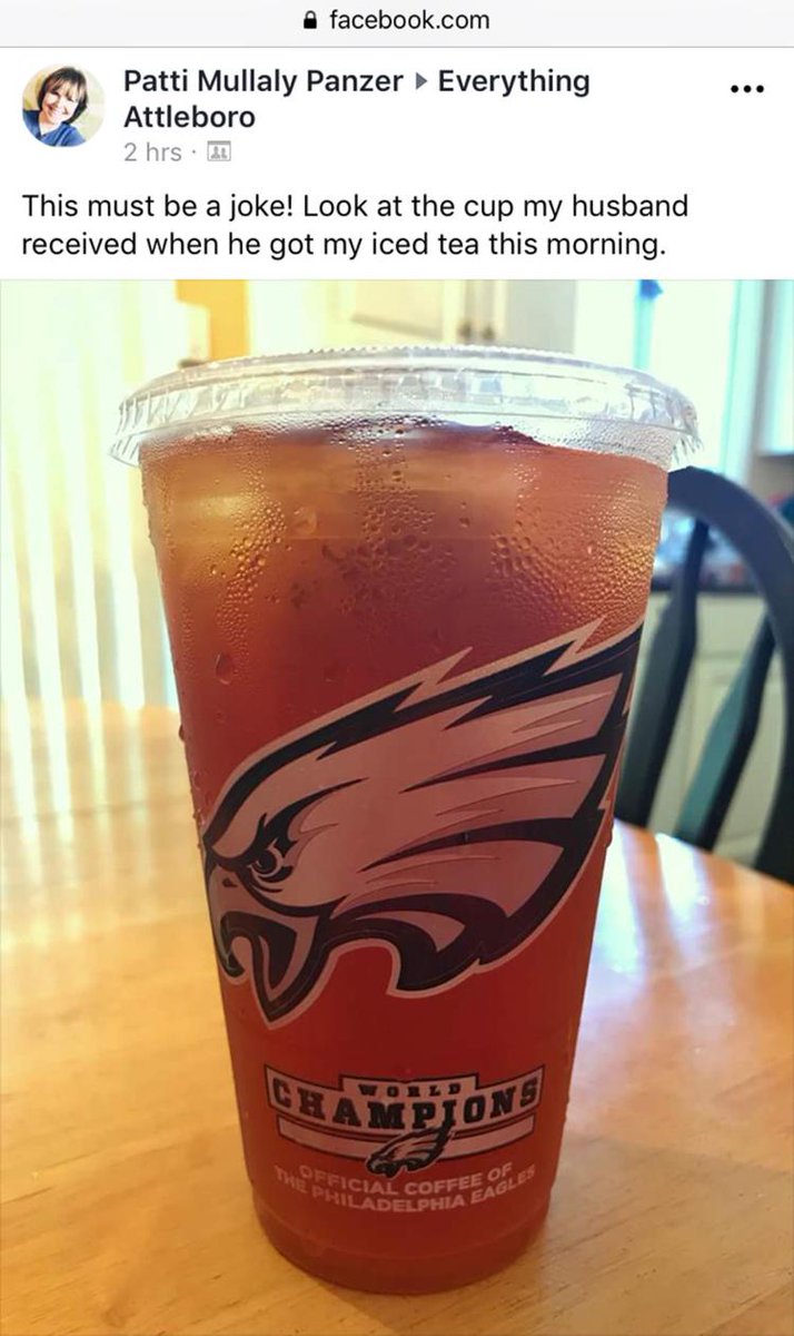 TheSunChronicle's tweet image. EDITORIAL: Running on Dunkin. Attleboro resident Patti Panzer was unpleasantly surprised last week when her Dunkin’ Donuts iced tea — bought by her husband — arrived in a Philadelphia Eagles Super Bowl cup. ow.ly/tUXM30lN4a4 @SCAttleboro #Patriots @dunkindonuts