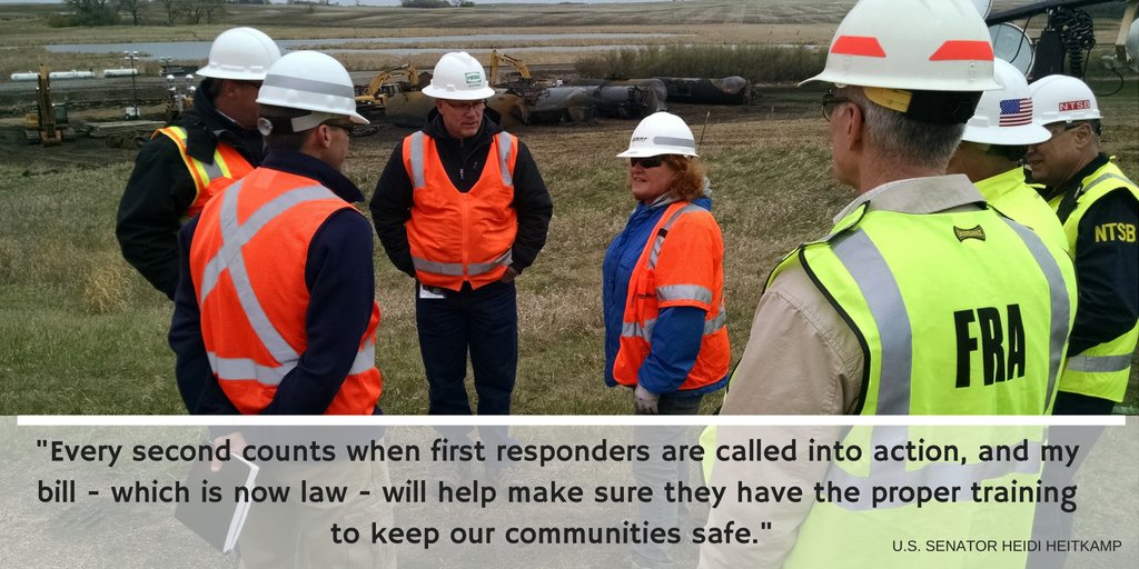SenatorHeitkamp's tweet image. With my #RESPONSEAct, which became law, I’ve worked to support our first responders so they have the tools &amp;amp; training to handle hazardous incidents like crude oil derailments. Introduced bill following crude oil train derailment in Casselton in 2013. #StrongSafe
