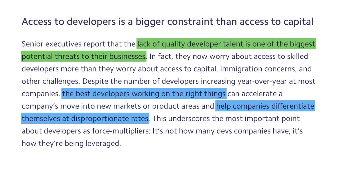 "Lack of quality developer talent is one of the biggest potential threats to their businesses. The best developers working on the right thing help companies differentiate themselves at disproportionate rates."