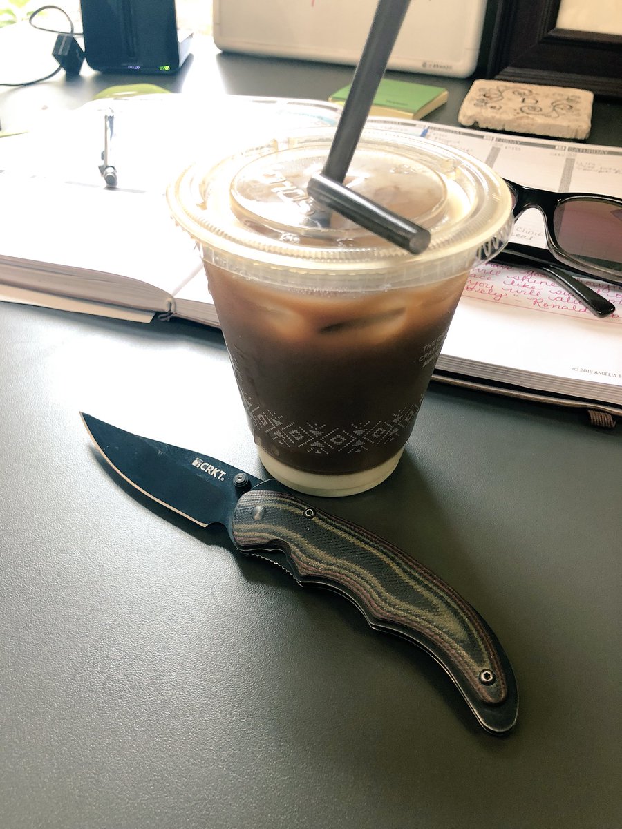 LadyD_NorCal's tweet photo. I wonder if the good folks at @CRKTweet ever imagined their knife would be there to save the day by trimming a straw that was too tall for my coffee, followed immediately by peeling an apple for my kid... https://t.co/XOmVADqtam