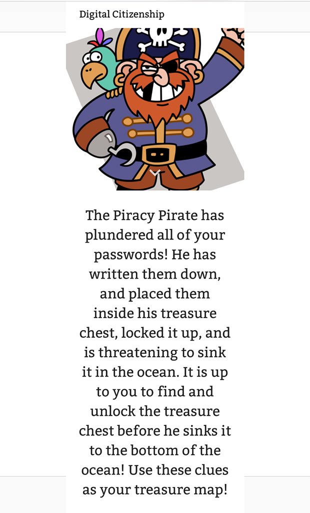 KinaTeaford's tweet photo. Digital Citizenship Breakout in the library at Pleasant Valley today. 7th grade students unlocked the treasure chest and saved the passwords from the Piracy Pirate!! @PVHSRaiders https://t.co/B8fv6Fd3gn