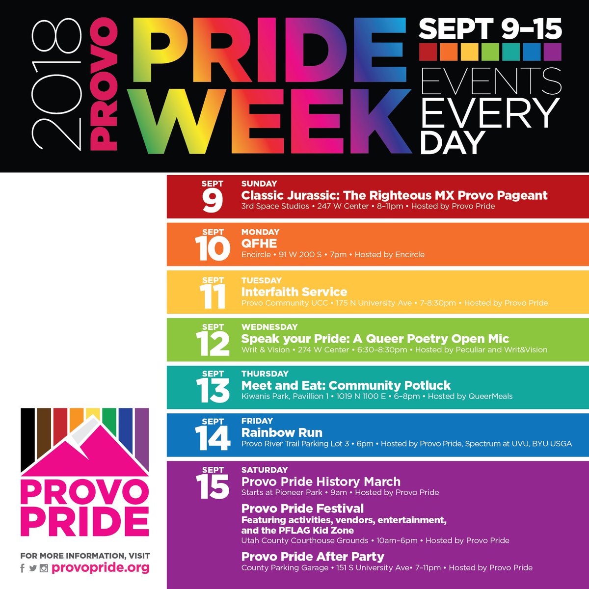 MindyGledhill's tweet photo. Hey-ho! Itโs Pride Week in Provo! Show your support for our LGBTQIA community members by attending one/multiple/all of these events! (The queer poetry open mic at @writandvision tonight looks RILL amazing!).
.
.
.
#provo #utah #provopride #lgbt https://t.co/RMpi3Bjlfe
