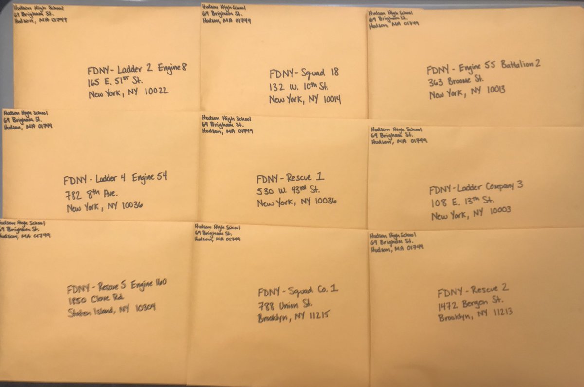 MrReinhardtHHS's tweet photo. On September 11th @Hudson_Public High School honored the actions of first responders on 9/11/01 by drafting letters of thanks to firefighters &amp; police in Hudson, Boston, &amp; NYC. Letters are ready to send! 

#NeverForget

@HudsonMaPD @bostonpolice @BostonFire @NYPDnews @FDNY https://t.co/iqLcsiZVb3