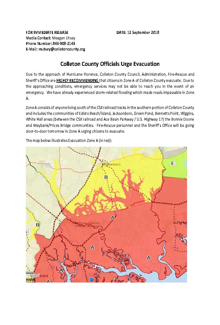 ColletonFire's tweet photo. Colleton County Fire-Rescue and Sheriff's Office officials will be going door-to-door tomorrow urging Colleton citizens to evacuate from Zone A. https://t.co/D9ynsHgPbo