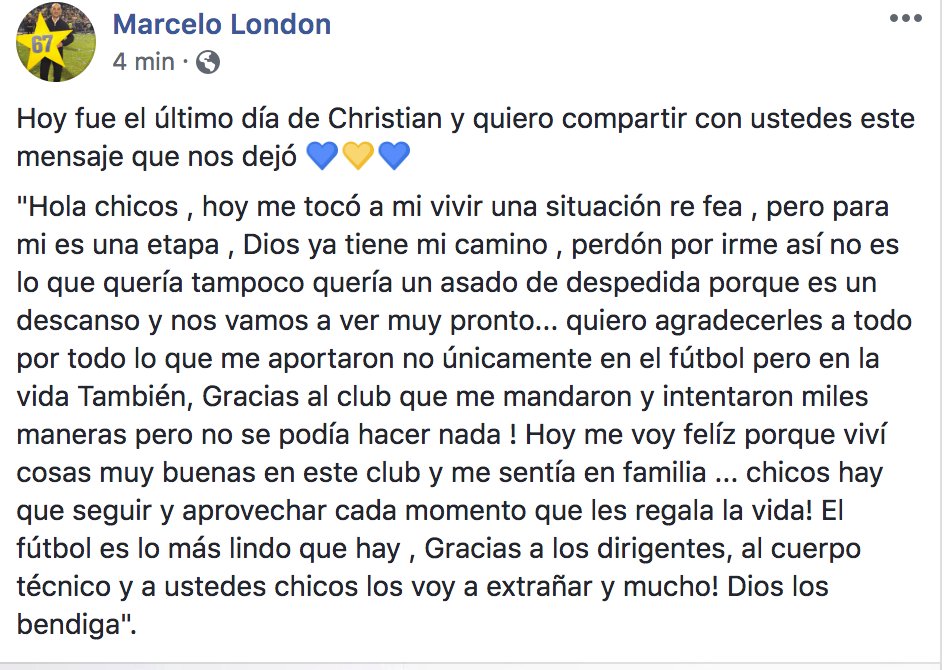 la12tuittera's tweet photo. La carta de despedida del Camerunes Christian Mayo, que regresa con su familia al no poder continuar con la practica de fútbol debido a una cardiopatía congénita.

#FuerzaChristian lo mejor para vos 💙💛💙💪

(El mensaje fue publicado en la cuenta de Facebook de @London_marcelo) https://t.co/QTVXb61QF1