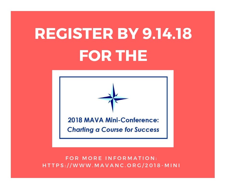 NC_VolAdmins's tweet photo. Don't forget to register for the Mini-Conference hosted by, our affiliate, MAVA. The Deadline is this Friday. It is a great way to get some credits towards your CAVNC https://t.co/A8TyyqmXb1 #lovols #volmgmt https://t.co/QYYT8u6cKs
