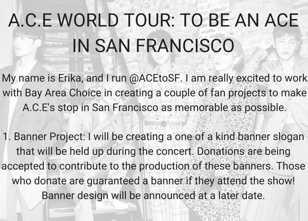 ACEtoSF's tweet photo. TO BE AN A.C.E: SAN FRANCISCO FAN PROJECTS

We are coordinating fan projects for @official_ACE7’s stop in San Francisco. Links to rules and forms are below. 

BANNER PROJECT: https://t.co/SukFa20QnW
FAN LETTER/MESSAGE BOOK: https://t.co/bcJRNpVDCz

#에이스 #ace #ACEinSF https://t.co/TFzBp5ciaV