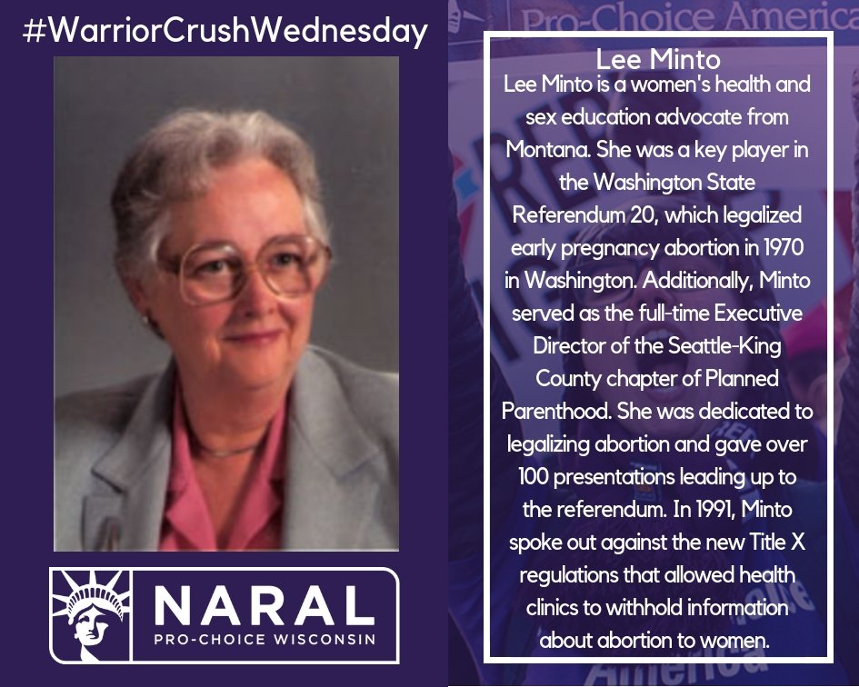 NARALWI's tweet photo. This week’s #warriorcrushwednesday is Lee Minto! Lee’s hard work and determination allowed her to successfully create positive change in the pro-choice community. #WCW https://t.co/WdoMtpWh3E