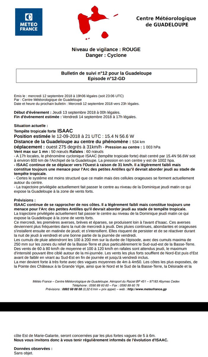 Bulletin de #VigilanceRouge "Cyclone" émis par <a href="/MeteoFrance_AG/">Météo-France Antilles-Guyane</a> pour la #Guadeloupe à l'approche de la TT #Isaac