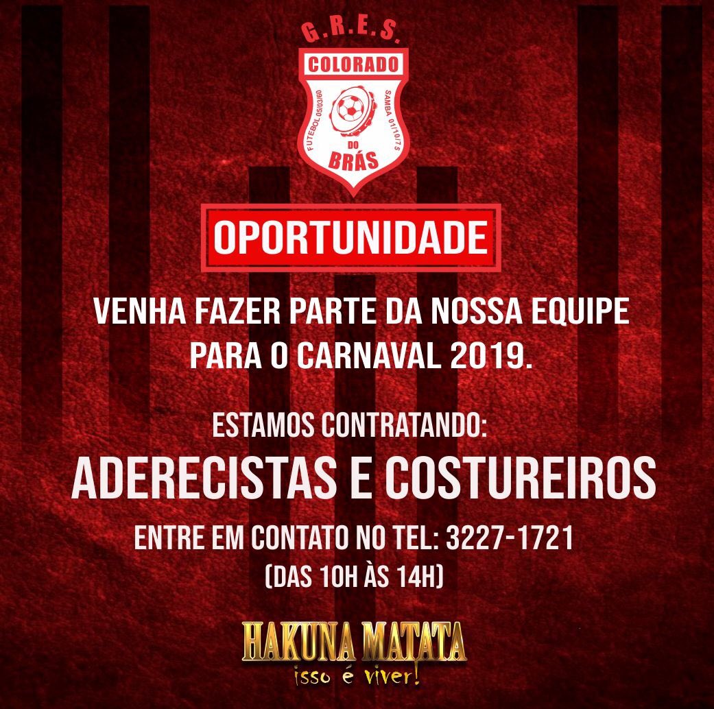 ✔️OPORTUNIDADE 📣
Venha fazer parte do nosso projeto para o carnaval 2019!

 #HakunaMatata #ColoradoDoBras