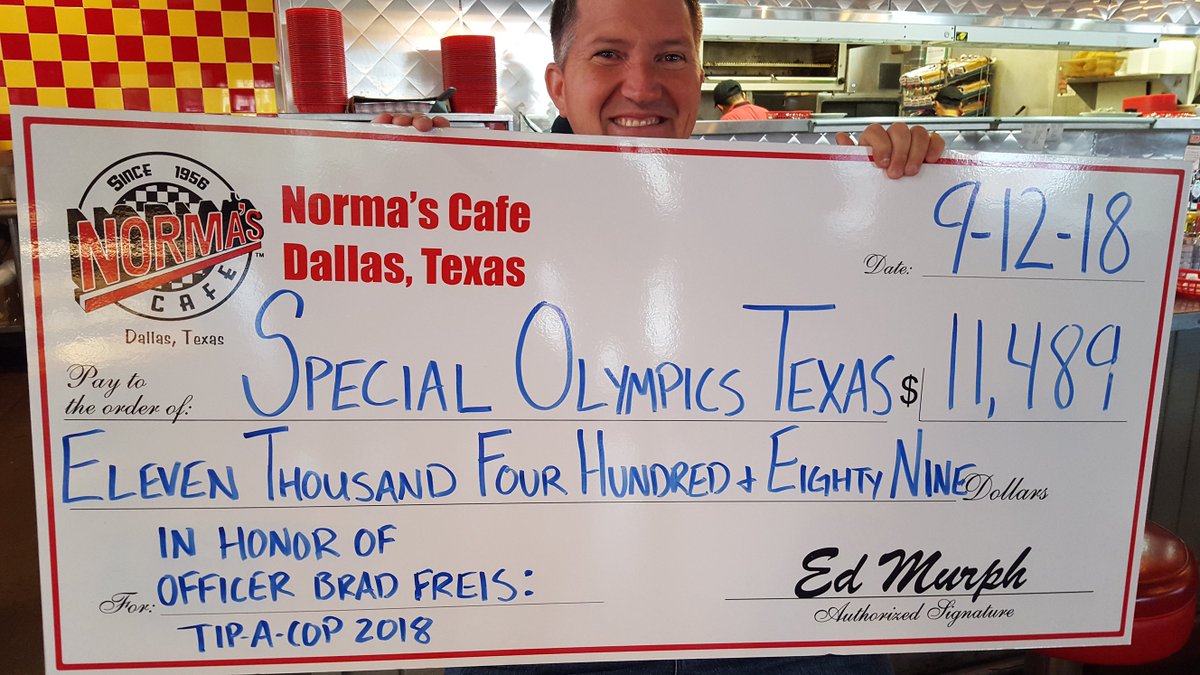 TexasLETR's tweet photo. Thanks to Norma’s Café for raising $11,489 for Special Olympics Texas! A portion of the proceeds was from our Tip A Cop event. Norma’s Café has five locations in the DFW area. Be sure to stop in and check them out! #LETR #SOTX @NormasCafe https://t.co/HRaRrZzZwm