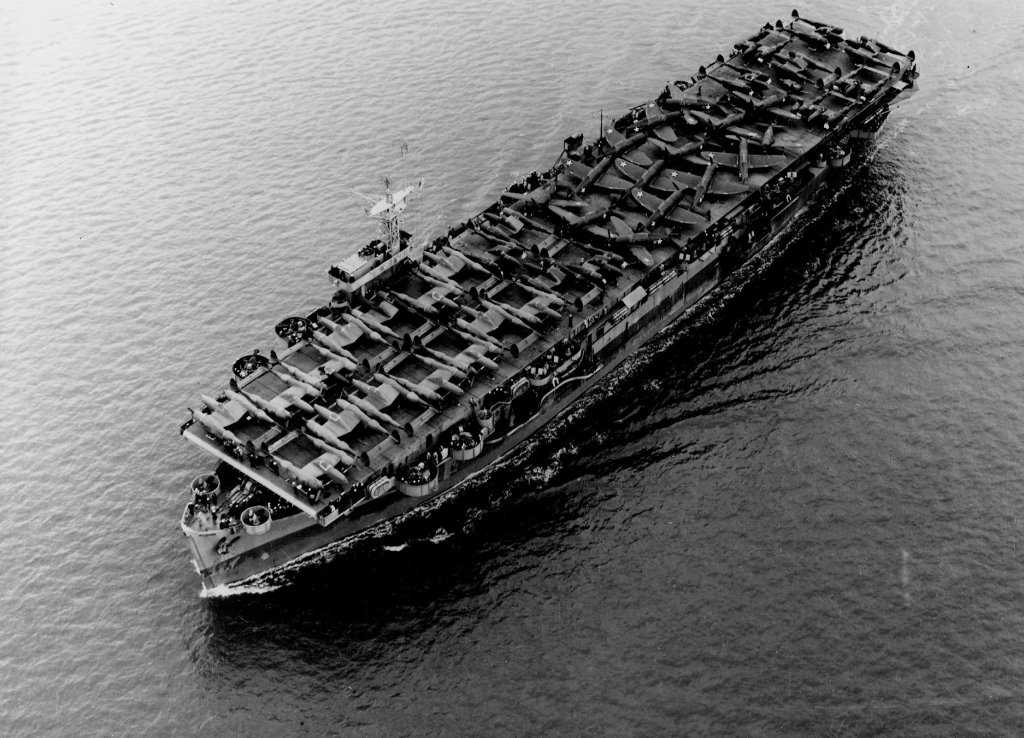 The escort carrier USS Barnes, looking like a hippopotamus with birds on its back. Her deck is loaded with P-38s and P-47s #warshipwednesday