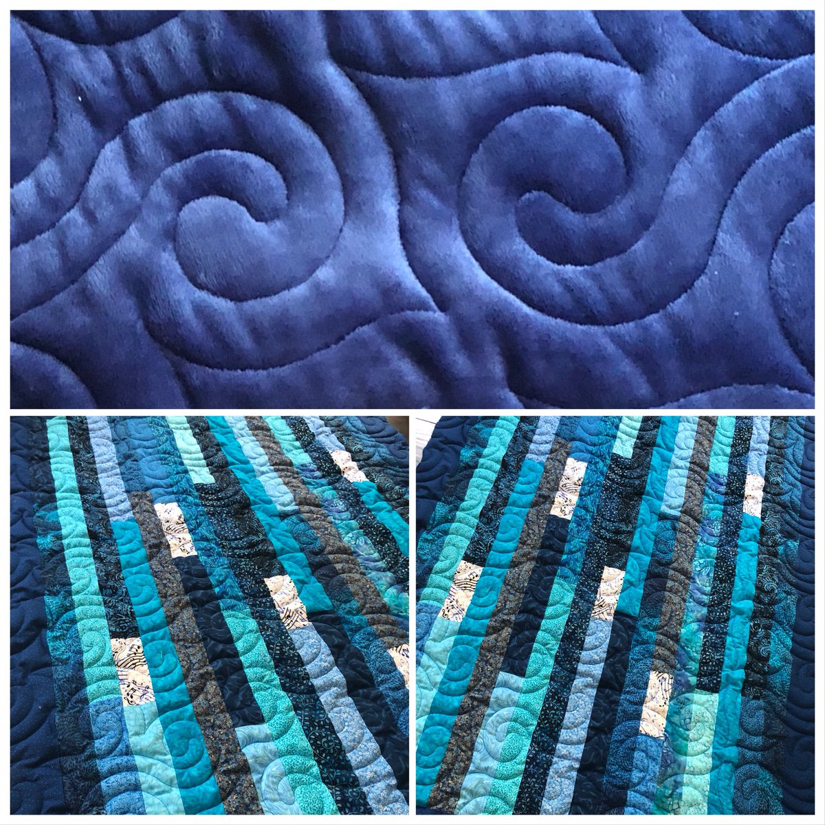 This quilt top was sent from a customer! This strip quilt was stunning and with the added long arm it’s dazzling!~~~~~~~~~~~~~ The possibility’s of quilting are as plenty and beautiful as the fish in the sea