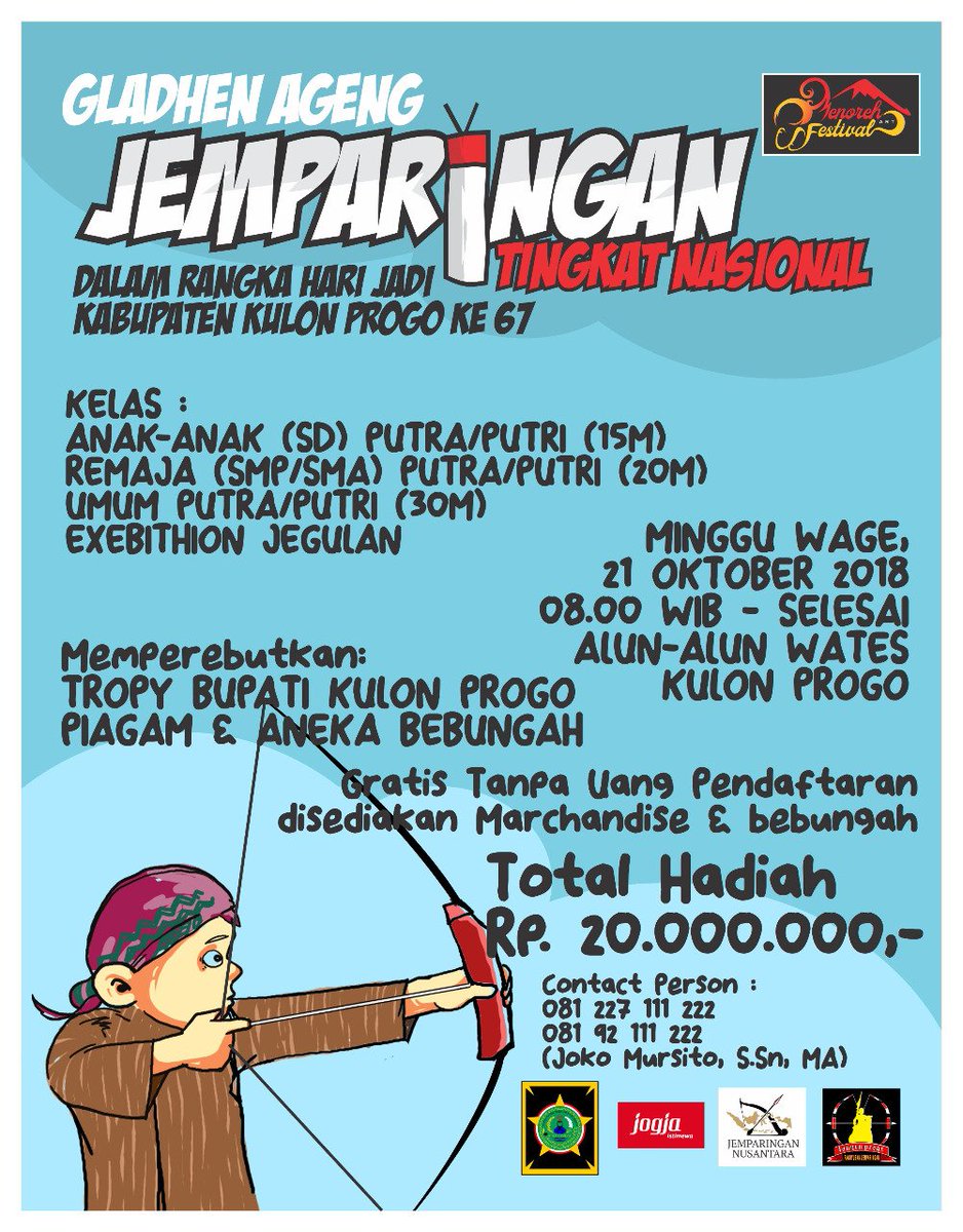 Gladhen Ageng Jemparingan Tingkat Nasional | 21 Okt 2018 | 08.00 | Alun alun Wates, Kulon Progo | Total Hadiah 20 Juta | Daftar Gratis | Info 081227111222