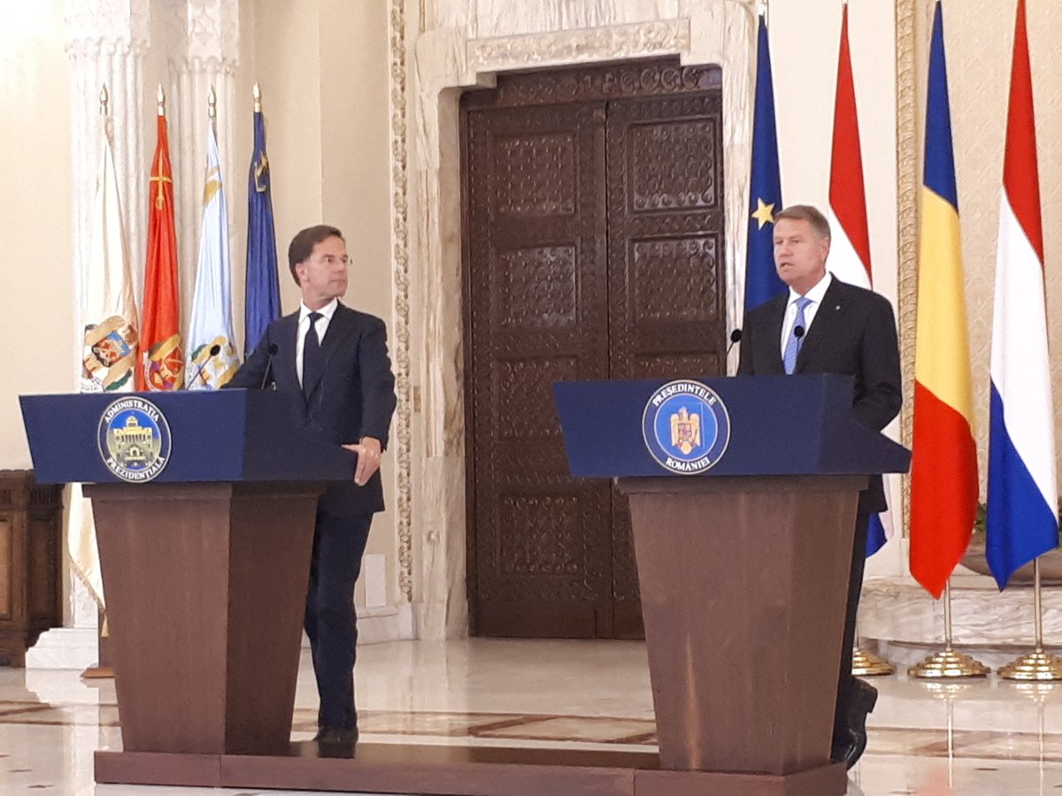 B_Predescu's tweet photo. Was happy to welcome yesterday @MinPres arriving in #Bucharest for a timely visit among EU partners. Substantive statements illustrating excellent  talks with President @KlausIohannis and PM #VioricaDãncilã. RO and NL work together for #FutureofEurope. https://t.co/oJdEemx2Si