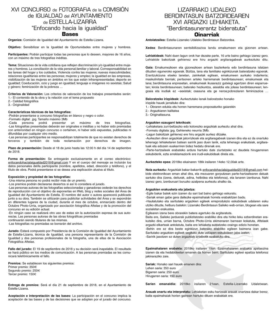 Os recordamos que mañana acaba el XVI Concurso Fotográfico "Enfocando hacia la igualdad", de la Comisión de Igualdad del Ayuntamiento de Estella-Lizarra #concursodefotografia #igualdad #estella