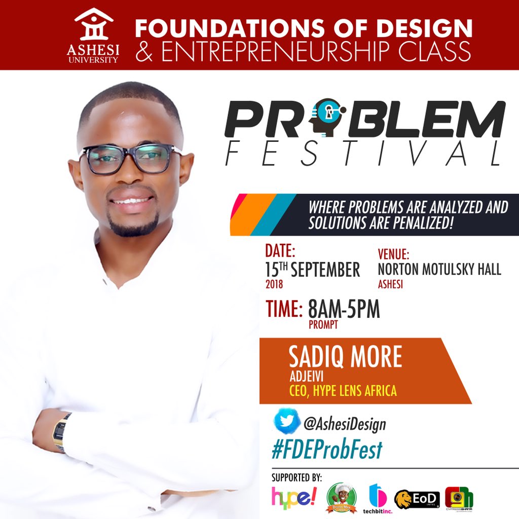 sadiq_more's tweet photo. Speaking @AshesiDesign this weekend join me and a number of other great young leaders @dough_man_foods #techbitinc @hypelensafrica as we lay the basics in #Problem Solving #FDEProbFest #Deisign #sadiqmore 🔥😀@jayfoley2131 @CypressGH @skuul_boi @regivanhelvert @thenanaaba https://t.co/K7WkxglmD6