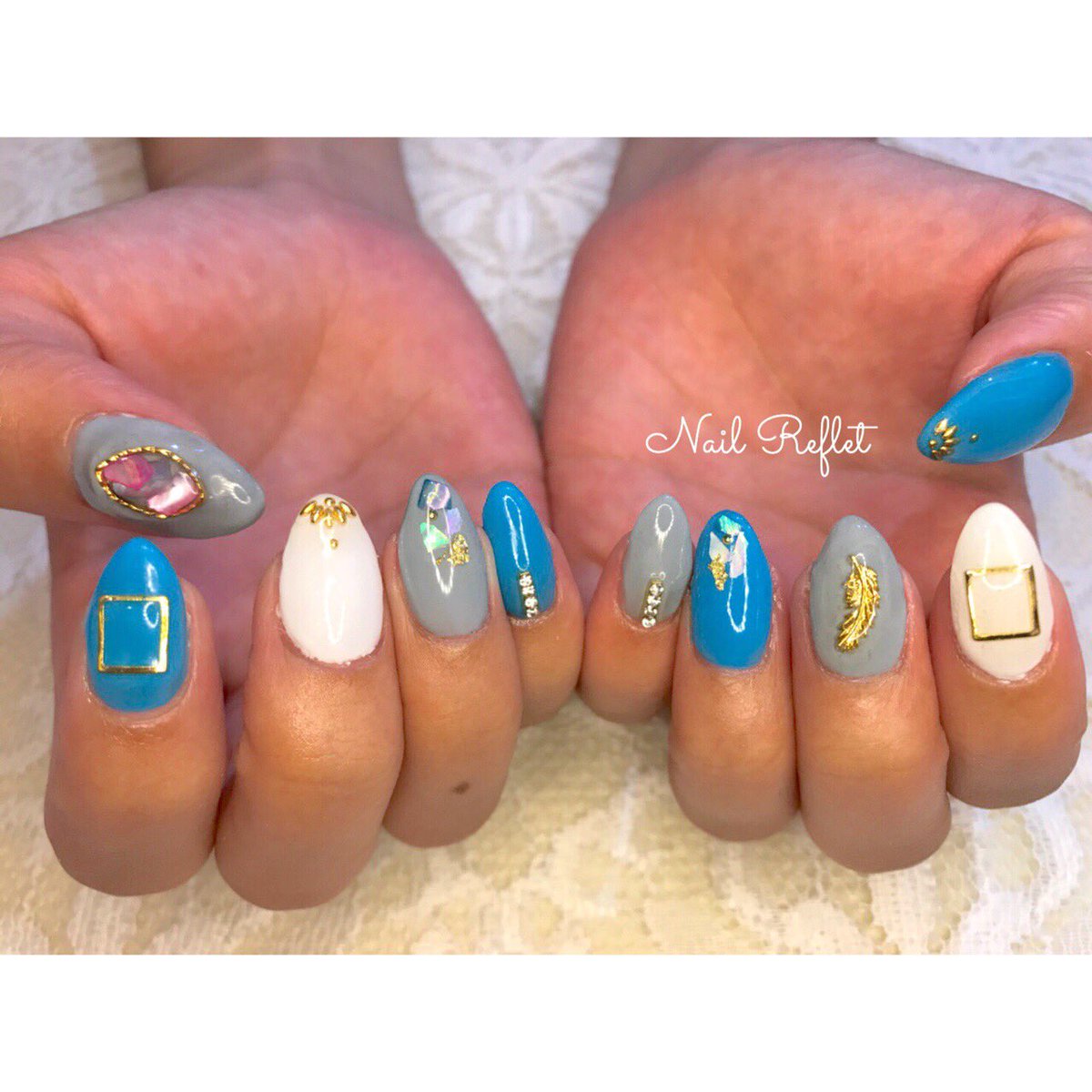 Nail Reflet בטוויטר 青と白とグレーのワンカラーに シェルやパーツをのせました ネイルモデル募集 ネイルモデル募集中 ネイルモデル ネイル 六本木 夏ネイル 秋ネイル