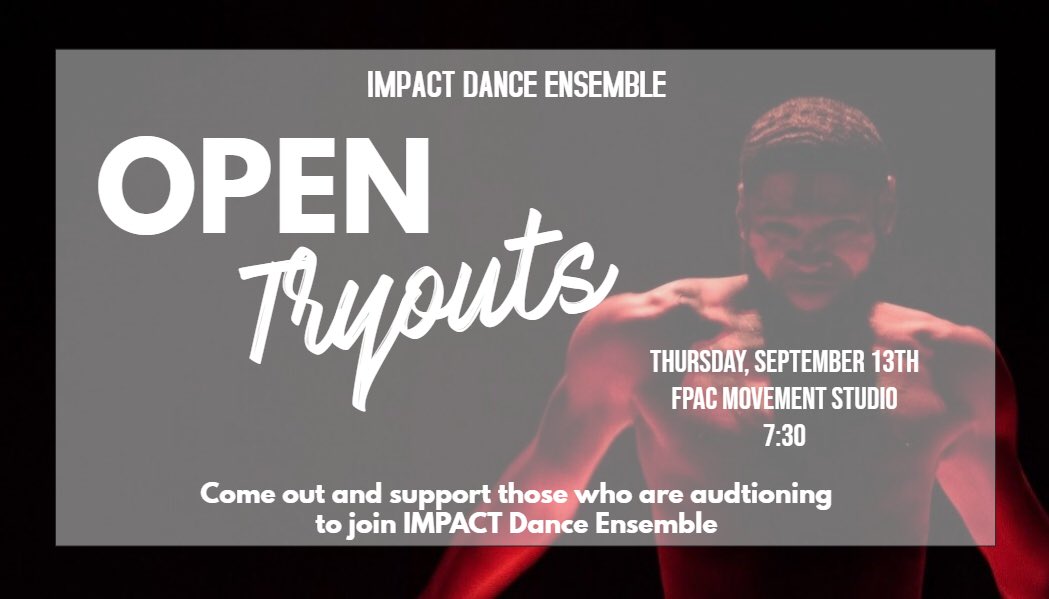 impactdance_'s tweet image. IMPACT is hosting OPEN tryouts 🎊 Come support your friends and peers as they tryout to be a part of this fun loving and dancing organization ‼️💃🏾🕺🏾 Meet us at the FPAC studio at 7:30 🤟🏾👋🏾 #IMPACTdat #BSU19 #BSU20 #BSU21 #BSU22