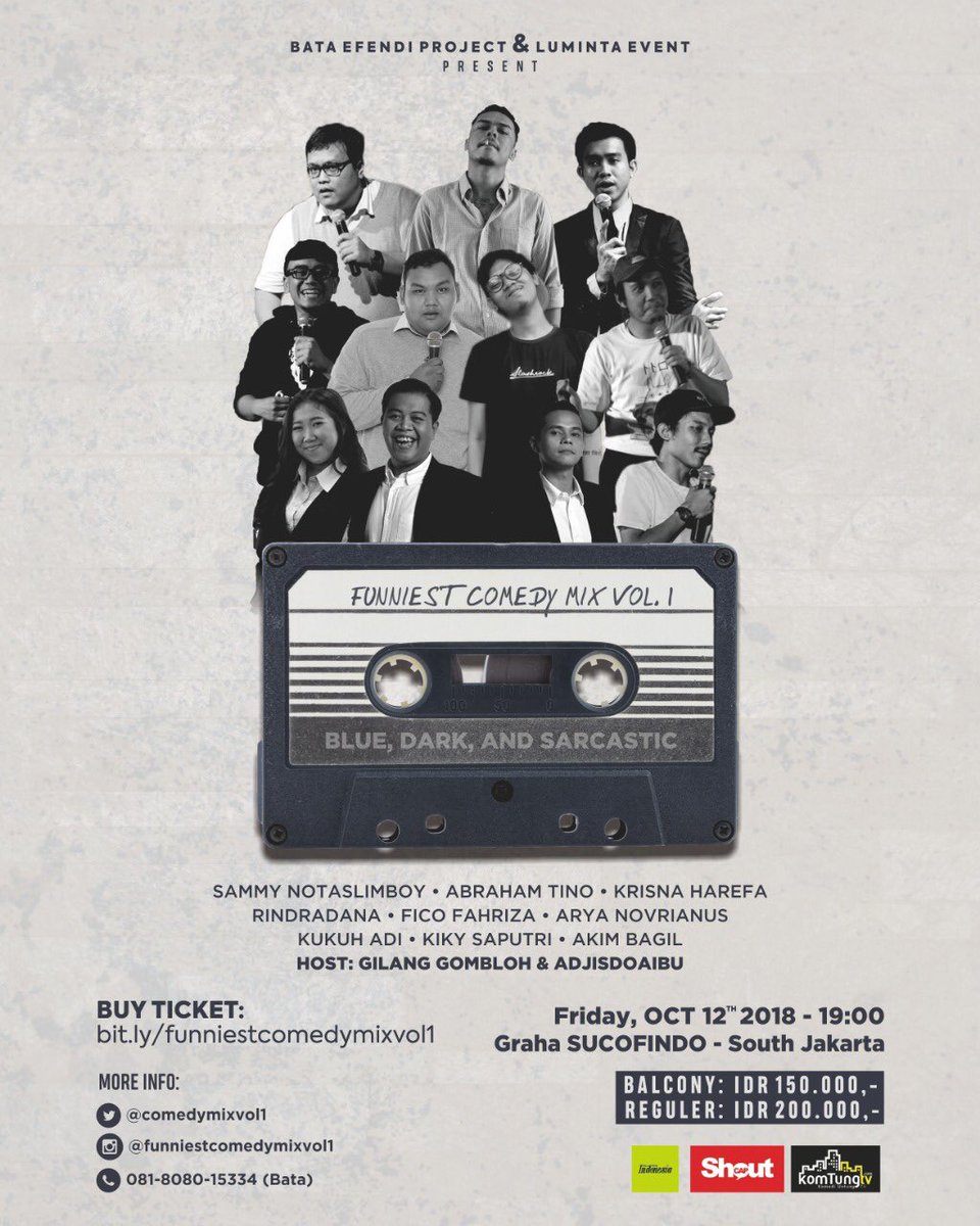 radenrauf's tweet photo. GAES, Gua Mau Bagi Bagi Tiket #FunniestComedyMixVol1 dengan line up BERKELAS!

@abraham_TS
@AryaNovrianus 
@akimbagil 
@kukuhya 
@kikysaputrii 
@ficofachriza_ 
@NOTASLIMBOY 
@ponakannyaom 

Host : @gilangombloh  - @adjisdoaibu 

Yuk yang mau RT duluu, baru gua kasih tau caranyaa https://t.co/I7ooO4SIep