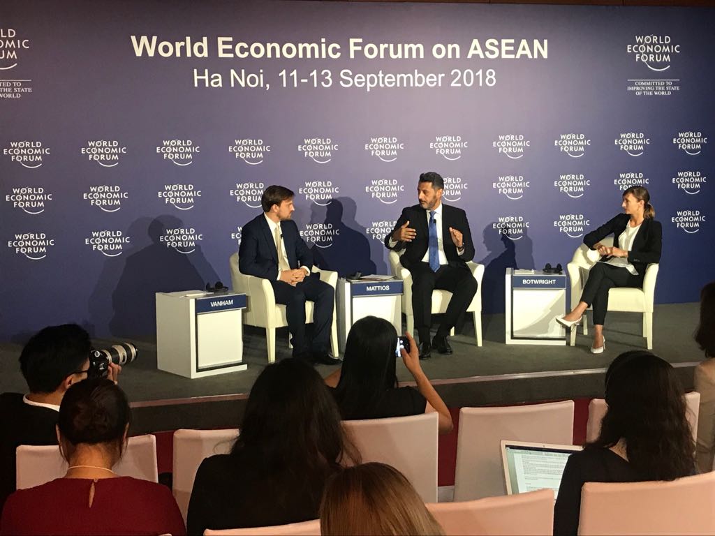 BainandCompany's tweet photo. @BainAlerts Gerry Mattios @wef #ASEAN with @petervanham and @KBotwright talk #Bain #WEF research on #tradetech and #supplychainfinance - “Blockchain could enable $1 trillion in trade, mostly for SMEs and emerging markets.” Read the full #DLT study here: https://t.co/H44HXjRLEc https://t.co/LUXFNV0i2S