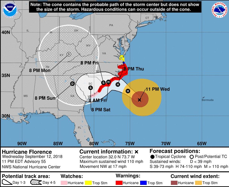 NWSCharlestonSC's tweet photo. Here is the 11pm advisory for hurricane Florence. Some weakening has occurred over the past few hours with maximum sustained winds now at 110 mph, making Florence a strong category 2. Strong winds, storm surge, and flooding from rainfall are still potential impacts. https://t.co/8ruEnMB3Cd