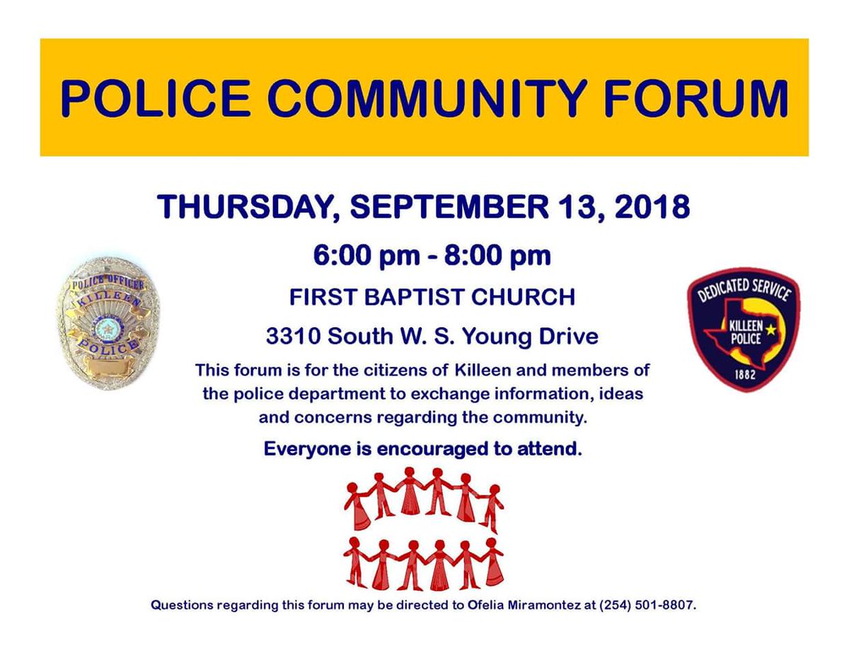 CFKimble's tweet image. Citizens of Killeen come out Thursday and let's have an honest conversation about our community, crime and safety. Let's talk about our current crime statistics and how we move into the future, together. Many staff members will also be on hand to answer in specific questions.