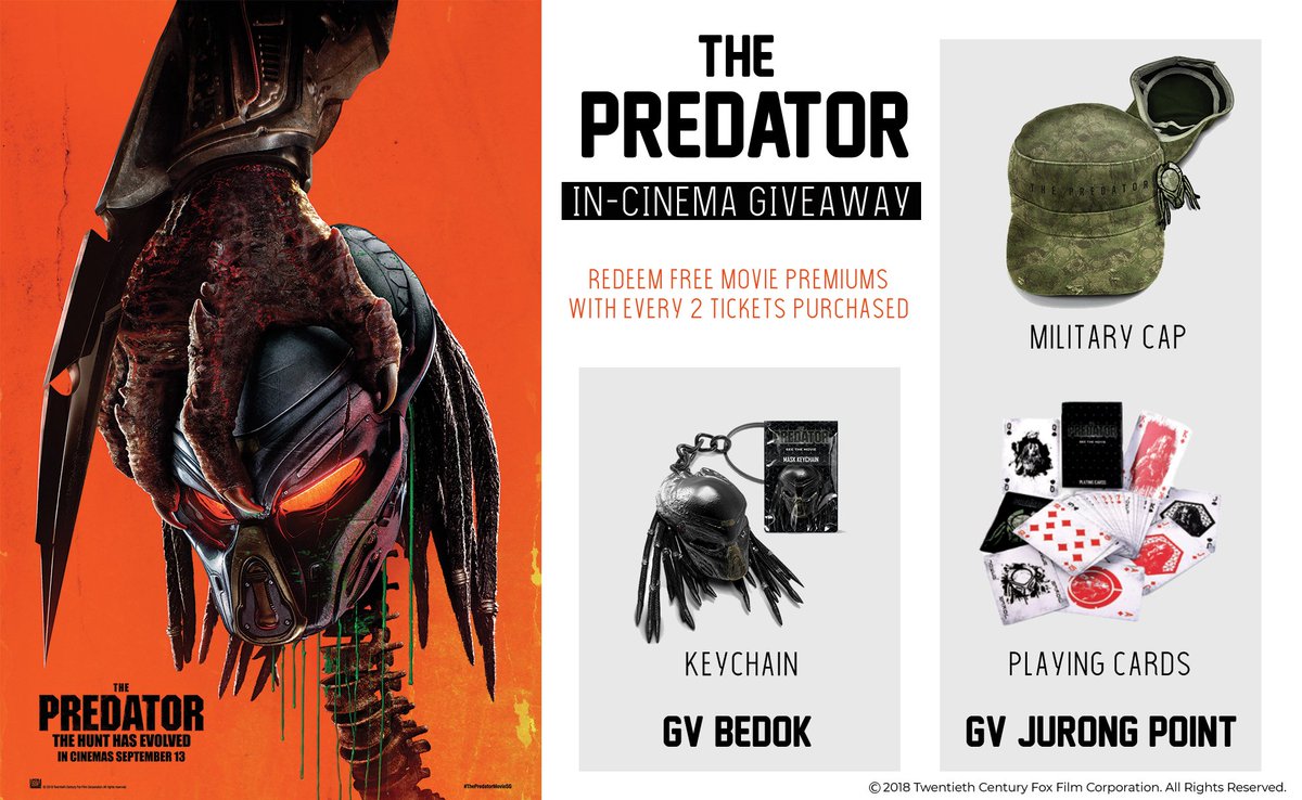 Catch #ThePredatorMovieSG in action at GV Bedok or GV Jurong Point to  redeem a movie premium for every pair of tickets purchased! While stocks  last. This in-cinema giveaway is only available for