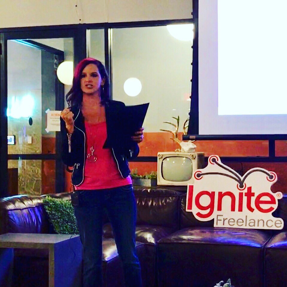 KCCopyDiva's tweet photo. Have you ever given an Ignite talk? 20 slides, 15 seconds each. Whew! What a whirlwind but so much fun sharing my best client stories at @ignitefreelance at @freelanceconf tonight. #freecon18 #speaker https://t.co/JLEYMa9q3X