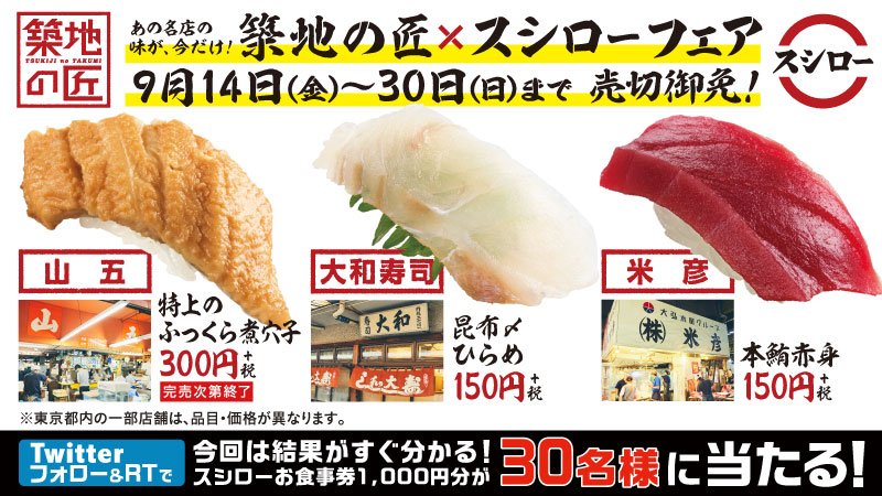 スシロー V Twitter 築地の匠 スシローフェア 好評販売中 大和寿司 山五商店 米彦 丸武 築地の名店の味を堪能できるのは 今だけ このツイートを9 27までにフォロー Rtすると その場でお食事券1 000円分が30名様に当たる 規約 T Co Yygl6z5nxk