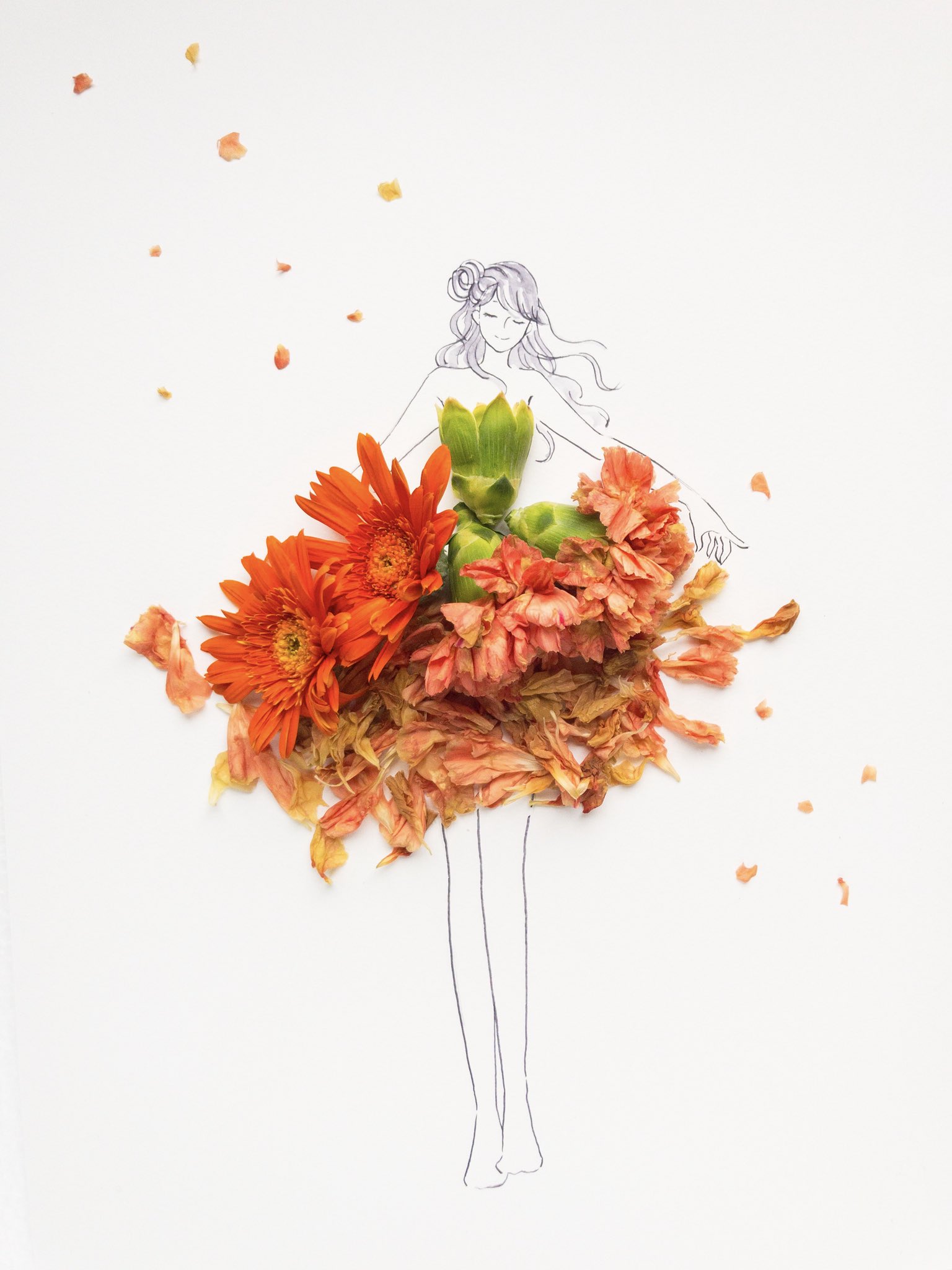 はな言葉 葉菜桜花子 新作ドレスできました 枯れたオレンジのカーネーションと萎れて散り始めたオレンジのガーベラ を使って描きました 花言葉 清らかな愛 冒険心 T Co 5xcad5llzq Twitter