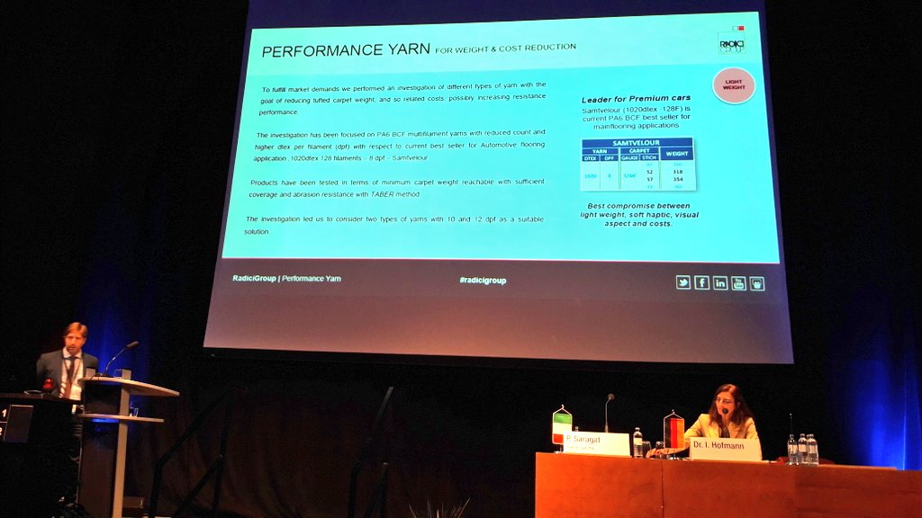 RadiciGroup's tweet photo. Today at 57th Dornbirn Global Fiber Congress Piero Saragat, Product Manager – Automotive at #RadiciGroup #PerformanceYarn talks about #carpeting evolution driven by #Automotive industry mega trends https://t.co/Enekj4spc8
