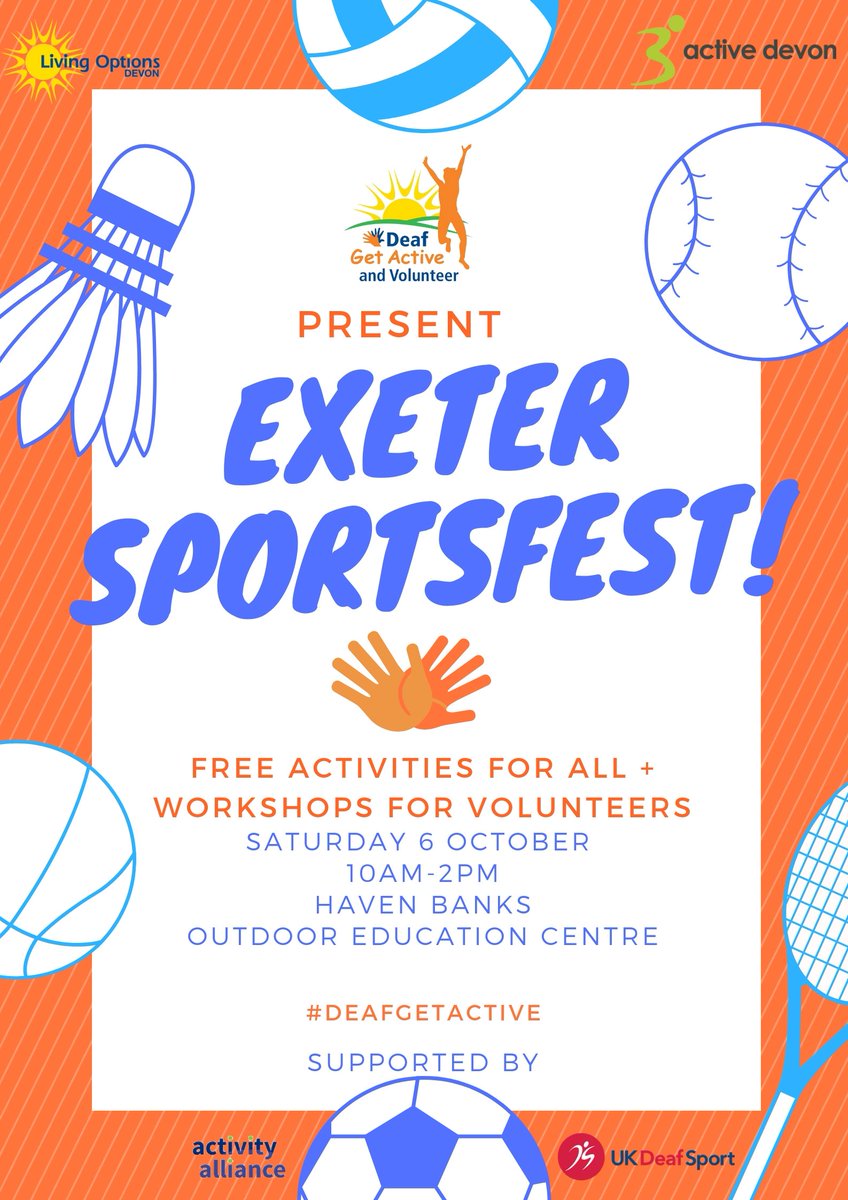 DeafGetActive's tweet photo. Are you ready? We've got FREE sessions for all at #ExeterSportsFest - will you be there? @WalkingDevon @healthywalks @Devon_Hour @Exeter_Hour @tivertonhour @SouthWestHour @CharityHourUK @Torbay_Hour @TorbayHour @newtonabbothour @TeignbridgeHour @SouthHams_Hour @SouthHamsHour https://t.co/DWDwa6C5g2