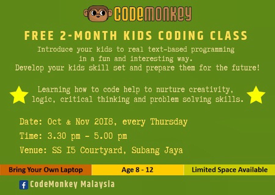 CodeMonkeyMY's tweet image. We are hosting a FREE 2-month coding class for kids age 8-12. 
DM us now to reserve your seat! 
#CodeMonkey #Education #Kids #EdTech #STEM #K12