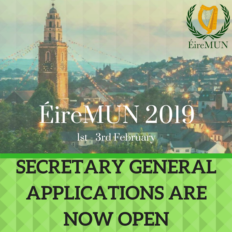 EireMUN's tweet photo. EireMUN Secretary General Applications are now open! Apply to get involved in Ireland's largest Model United Nations conference!
https://t.co/INLFaS0Qdu https://t.co/Uidvnz0Zcu