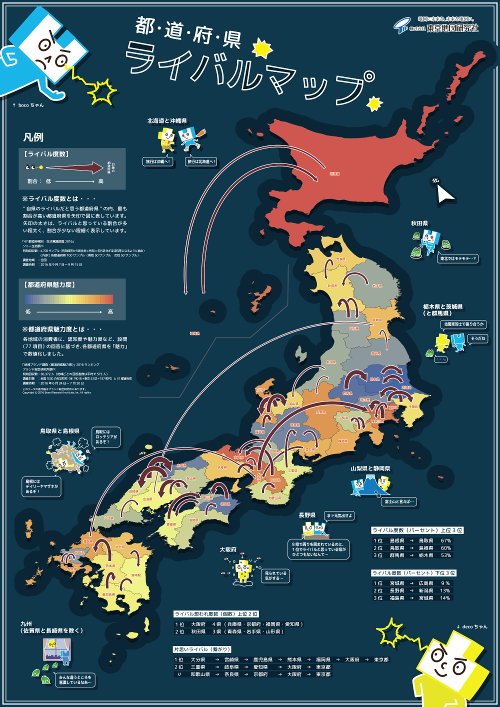 Esriジャパン 地図 都道府県ライバルマップ 自県がライバル視する都道府県 を矢印で示したマップをご紹介 茨城と栃木 鳥取と島根のように互いにライバル視している都道府県がいくつかありますね 作成 東京地図研究社 Tokyomap 様 Esriジャパン