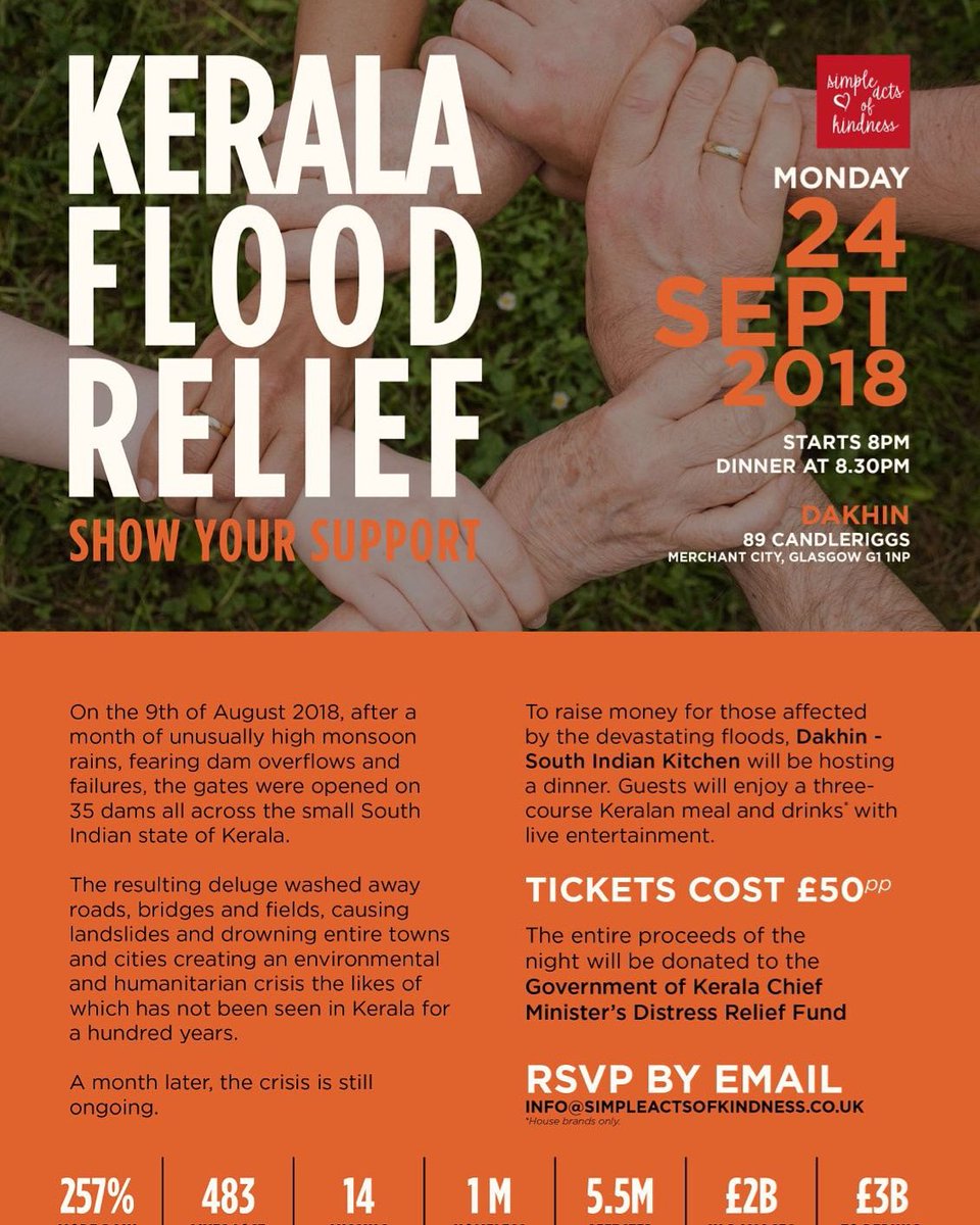 PoonamOBE's tweet photo. Glasgow 24th september to support #KeralaFloods.

Get your tickets &amp; support this humanitarian crisis while enjoying a great night of fab curry @dakhin for just£50..limited tickets

#humanity #KeralaFloodRelief #Glasgow https://t.co/5YjG0YvXQP