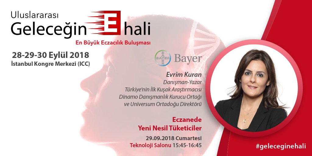 geleceginehali's tweet photo. Uluslararası Geleceğin E Hali’nde 29 Eylül Cumartesi saat 15:45'de Teknoloji Salonu’na bekliyoruz, Danışman-Yazar Evrim Kuran'ın konuşmacı olduğu, Bayer “Eczanede Yeni Nesil Tüketiciler” oturumuna tüm katılımcılarımız davetlidir. #ugeh #ugehbilimselprogram #bayer @evrimkuran https://t.co/YUhQXv6jQL