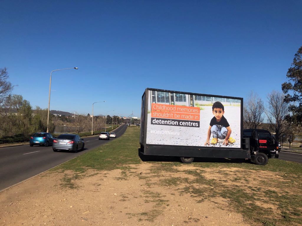 Check out this billboard on Kings Avenue today near Parliament House, Canberra Let's get the #KidsOffNauru join at kidsoffnauru.com