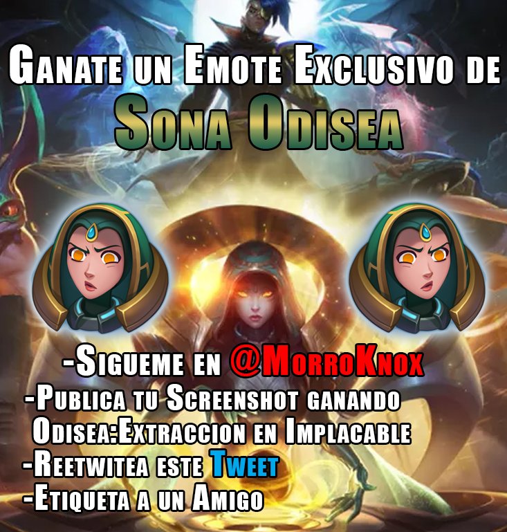 MorroKnox's tweet photo. Para participar solo debes de seguirme en @MorroKnox 
Ganar Odisea en Modo Implacable tomar un Screenshot 
Responder este Tweet con tu SS usando el Hashtag #DameTuCabeSonaKnox
Reetwitear y Compartir con un Amigo

Los Emotes son un regalo de @RiotGamesLatino 
VALIDO PARA LAN Y LAS https://t.co/poepAzamBu