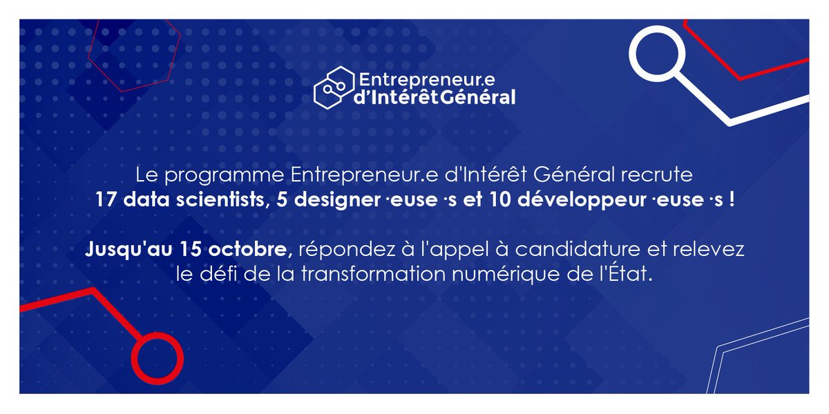 Etalab's tweet photo. [Appel à candidature EIG] 🤵‍♀️🤵 - En janvier 2019, relevez le défi : devenez entrepreneur.e d'intérêt général et améliorez le service public. Datascientists, designers, développeurs, vous pouvez candidater jusqu'au 15 octobre #EIG2019 >> https://t.co/m3fwYOAMrB https://t.co/iwVlitI6rR