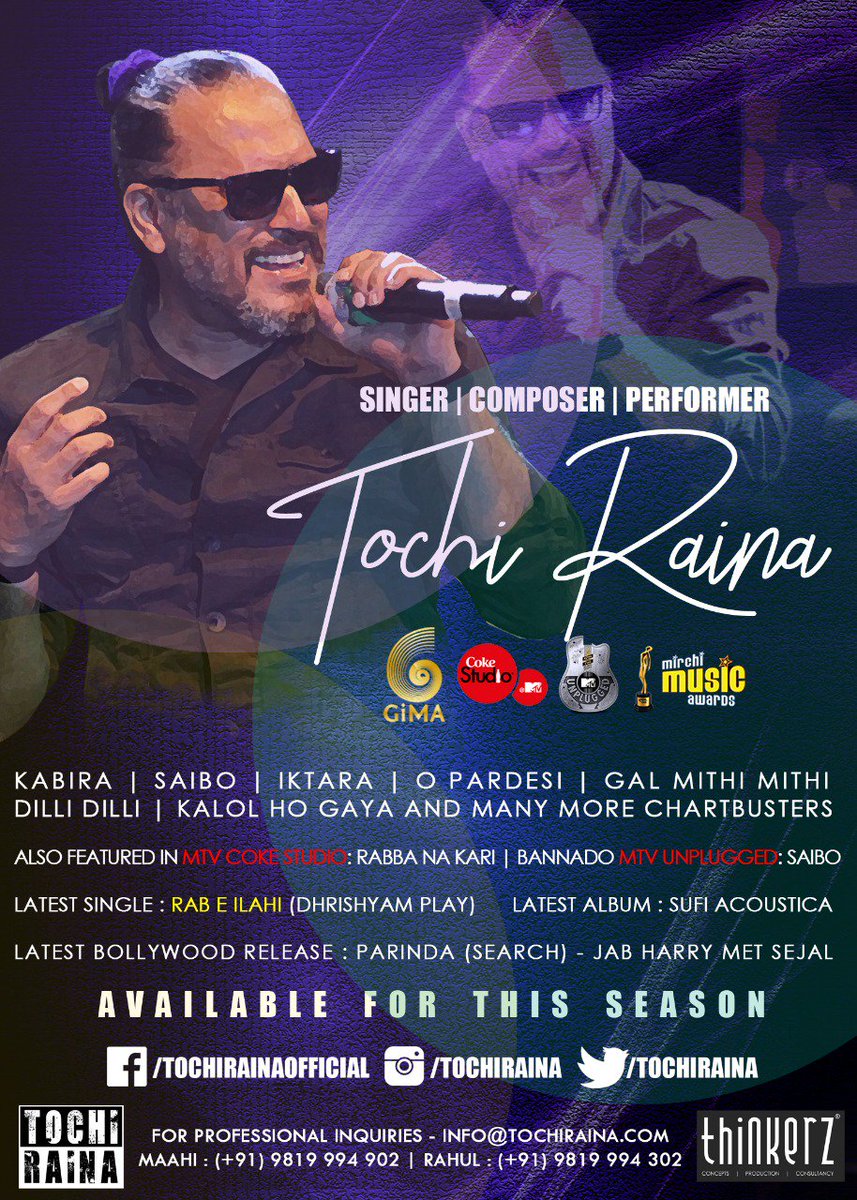 Tochiraina's tweet photo. This is to inform all our clients and friends from the event fraternity. It has been brought to our notice that there are certain companies who are claiming to be artist managers to Tochi Raina, Tochi Raina and Sufi Acoustica are solely and exclusively managed by @thinkerzevents https://t.co/KqD8yHtc2v